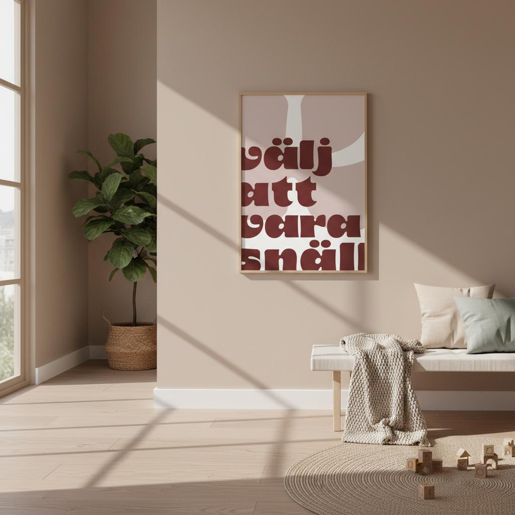 En poster som är inramad med en ekram, upphängd på en beige vägg i ett hem. Budskapet är "välj att vara snäll" vilket är den typografiska designen i den här postern. Vinröd och varm färg på texten. Vi skymtar några byggklossar på golvet som ger en aning om att det finns barn i närheten. 